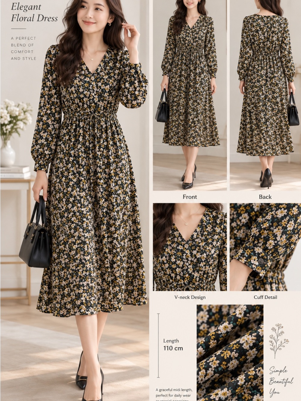 Floral V-Neck Long Sleeve Dress - Black/Yellow M
